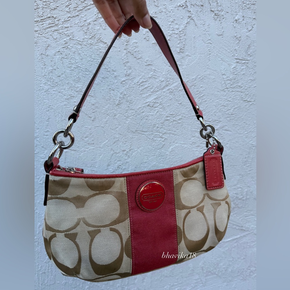 Coach Signature Canvas Shoulder Bag in Tan and Red